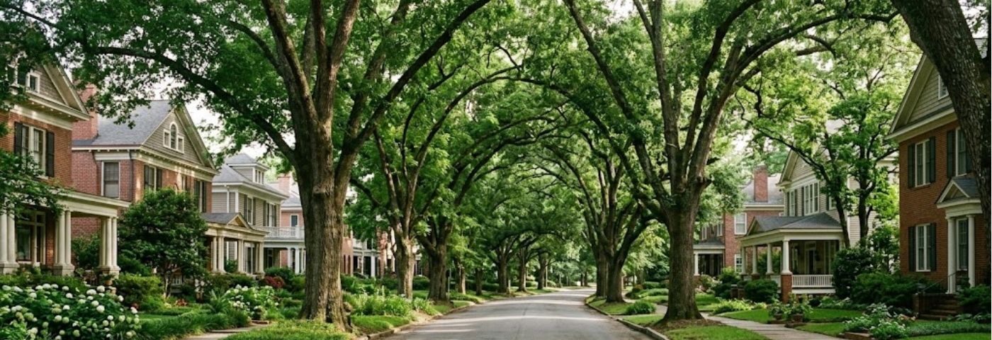 Tree-lined Vineville Avenue in Macon GA with mature pecan canopy over historic bungalows
