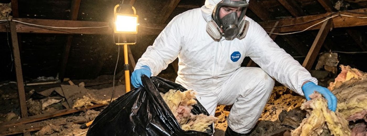 Rodent-contaminated attic insulation in Macon GA home before cleanup and sanitization