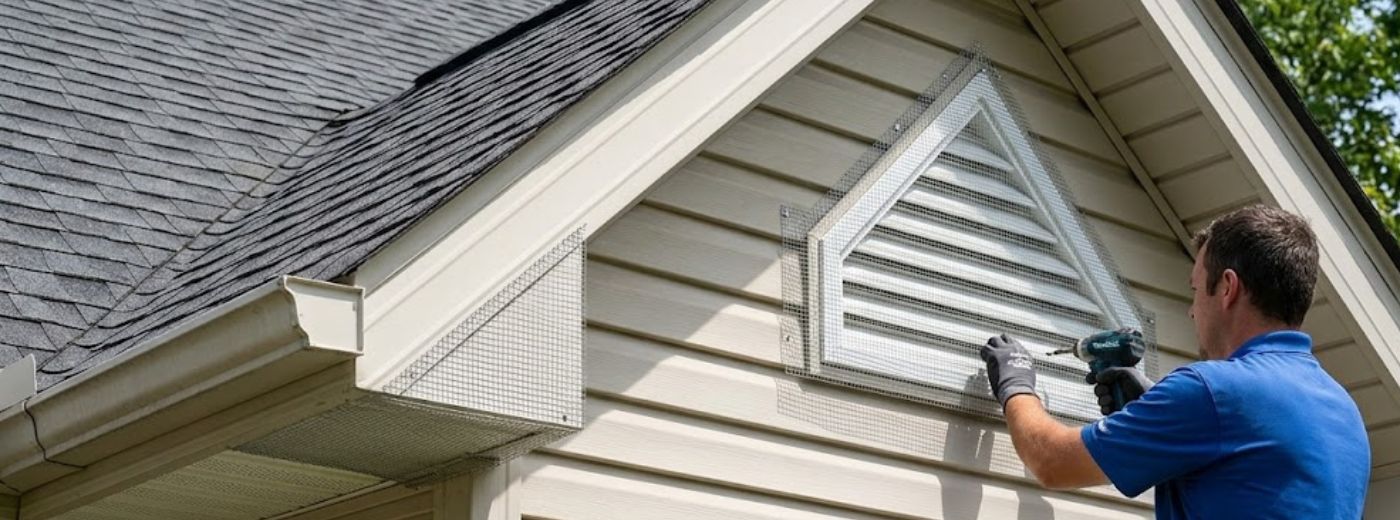 Hardware cloth work over deteriorated gable vent on older Macon home roofline