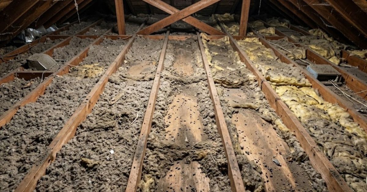 Attic with rodent-contaminated blown-in insulation showing visible joist runways in Macon GA historic home