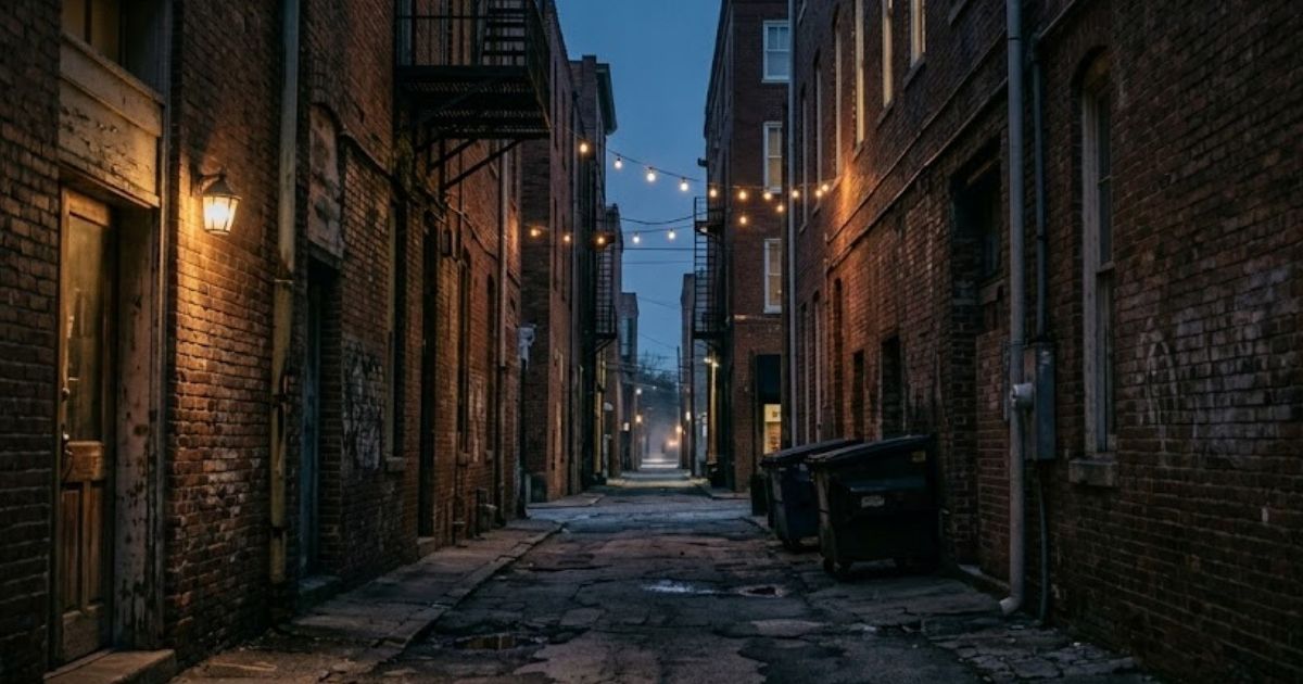 Downtown Macon GA alley between Cherry Street commercial buildings at dusk. Norway rat corridor habitat