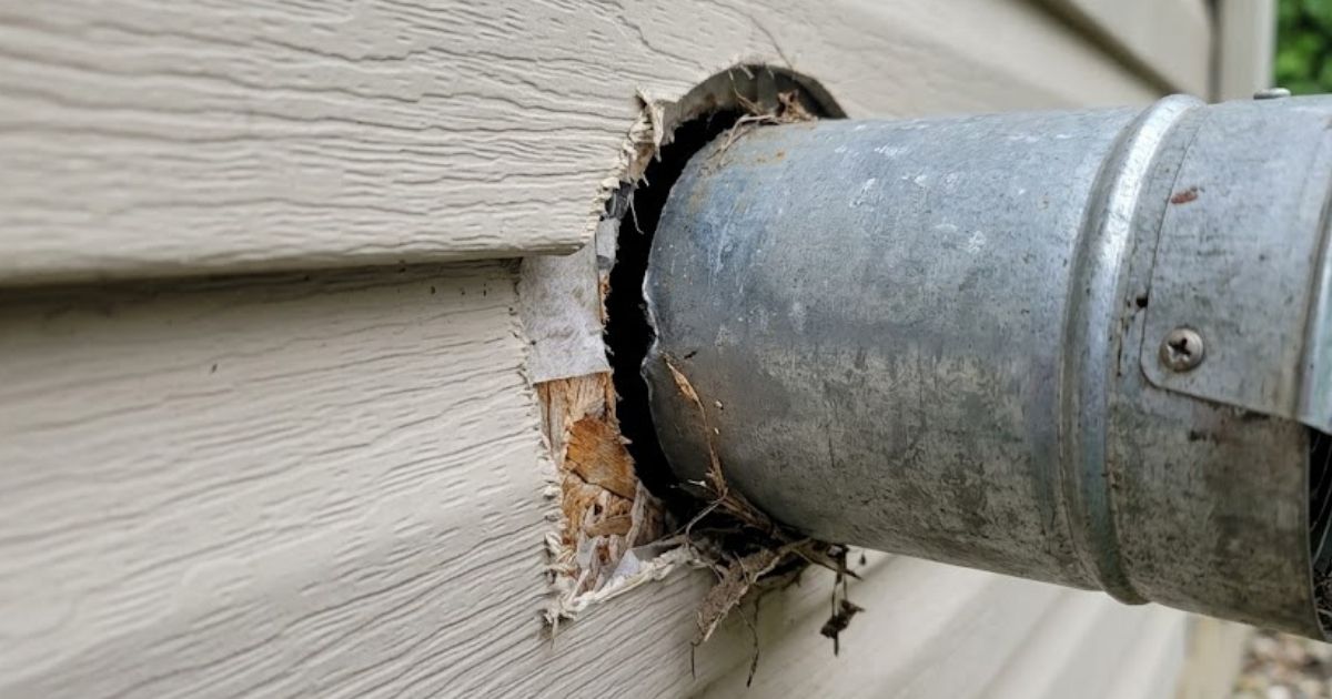 Dryer vent duct exit through exterior wall showing ring gap, one of the most common rodent entry points in Macon homes