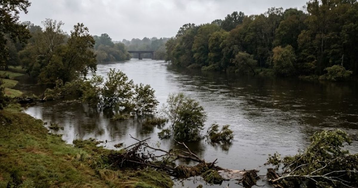 Ocmulgee River at near-flood level near Macon GA, high water displacing Norway rat bank burrow colonies