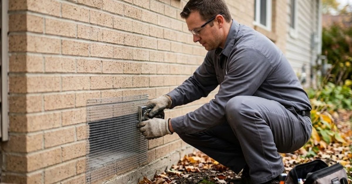Technician installing hardware cloth over foundation vent on Macon GA home, rodent proofing before winter surge