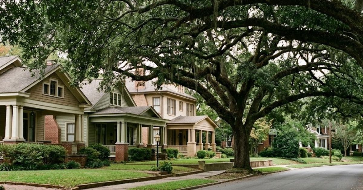 Row of Ingleside and Vineville historic bungalows in Macon GA with century-old pecan canopy overhead