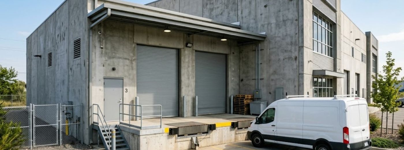 Commercial building exterior with tamper-resistant bait stations for Macon business rodent program