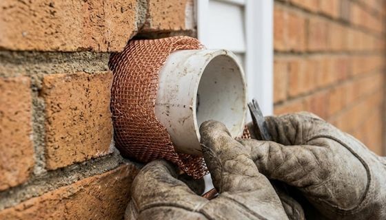 Copper mesh exclusion sealing of pipe gap on Macon home exterior wall