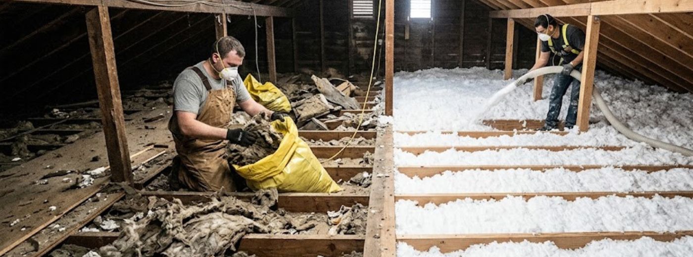 Attic insulation damaged and contaminated by roof rat infestation in Macon GA home