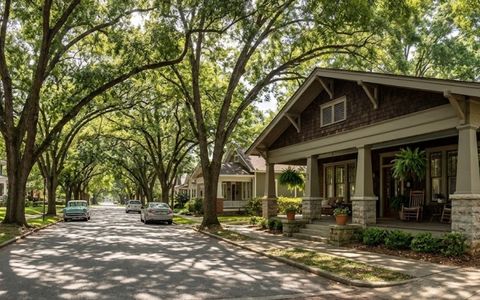Tree-lined Vineville Avenue with historic bungalows and mature pecan canopy in Macon GA