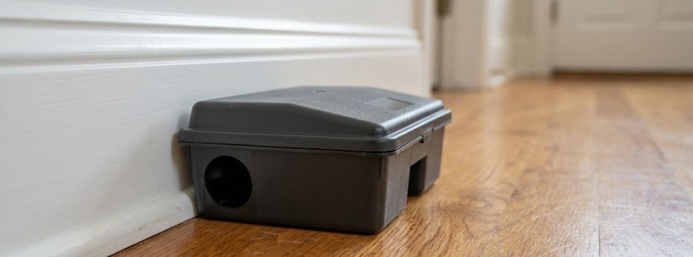 Snap trap placed along wall-floor junction for rat control service in Macon GA home