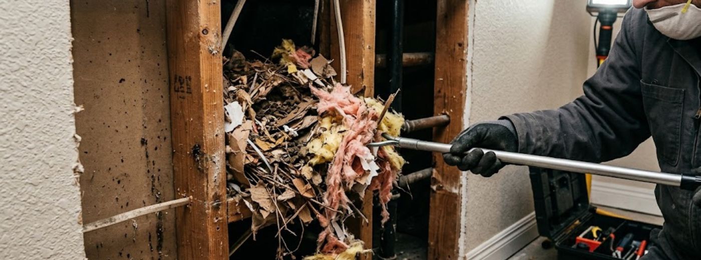 Roof rat nest built from shredded insulation in Macon attic requiring pro nest removal