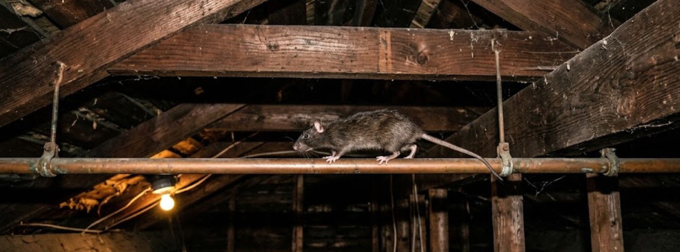 Roof rat droppings and nesting evidence found along attic joists in Macon GA historic home